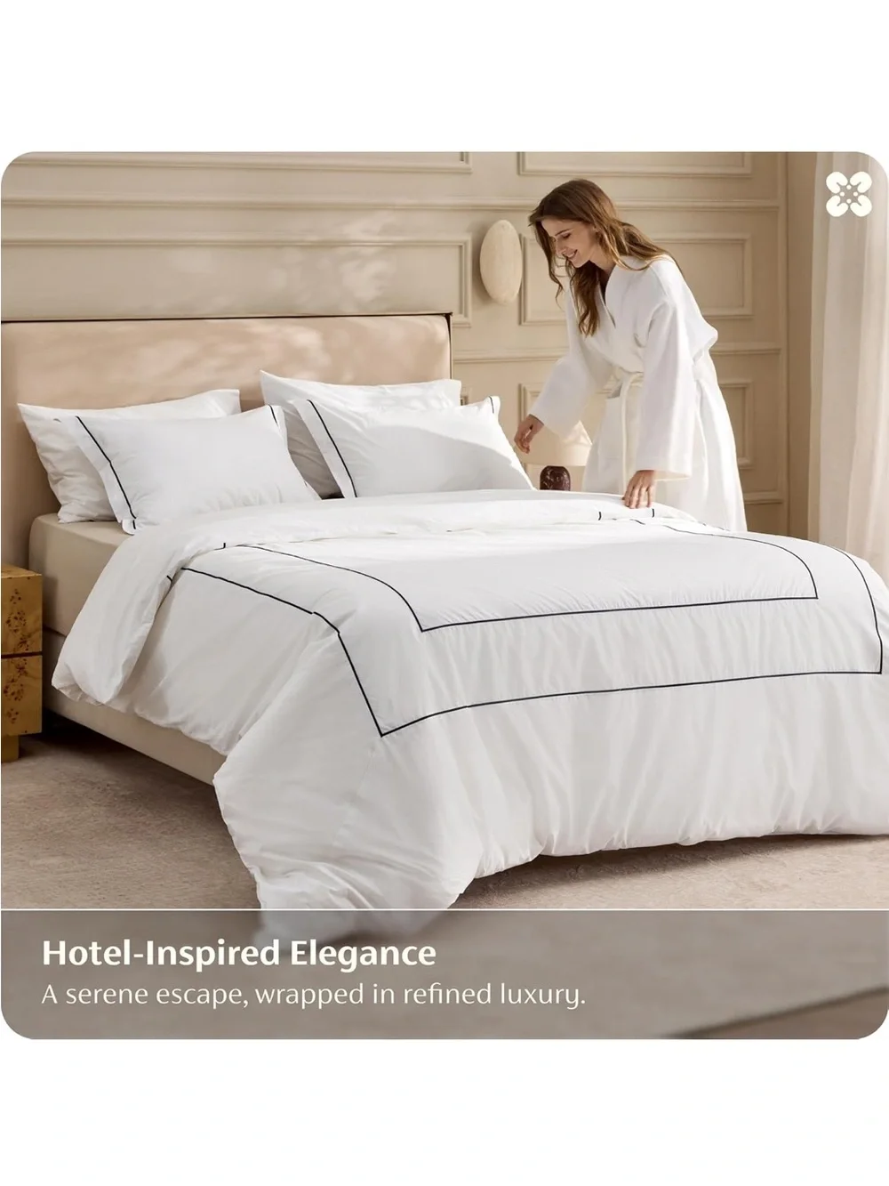 NEW Bedsure Hotel Collection 3 pc Duvet Cover Set, 100% Cotton. White with Frame